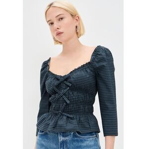 NWT Reformation Lauryn Gingham Peplum Top Dark Slate Check 2
